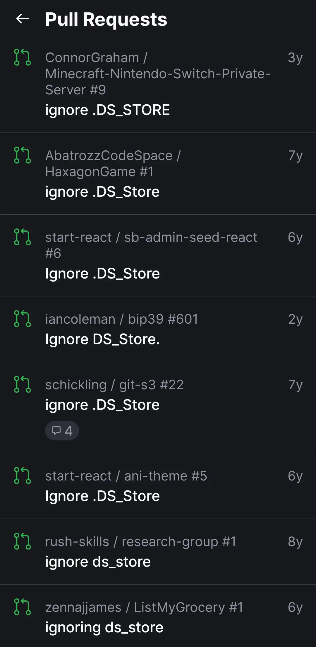 Hundreds of thousands of merge requests on GitHub trying
to gitignore .DS_Store