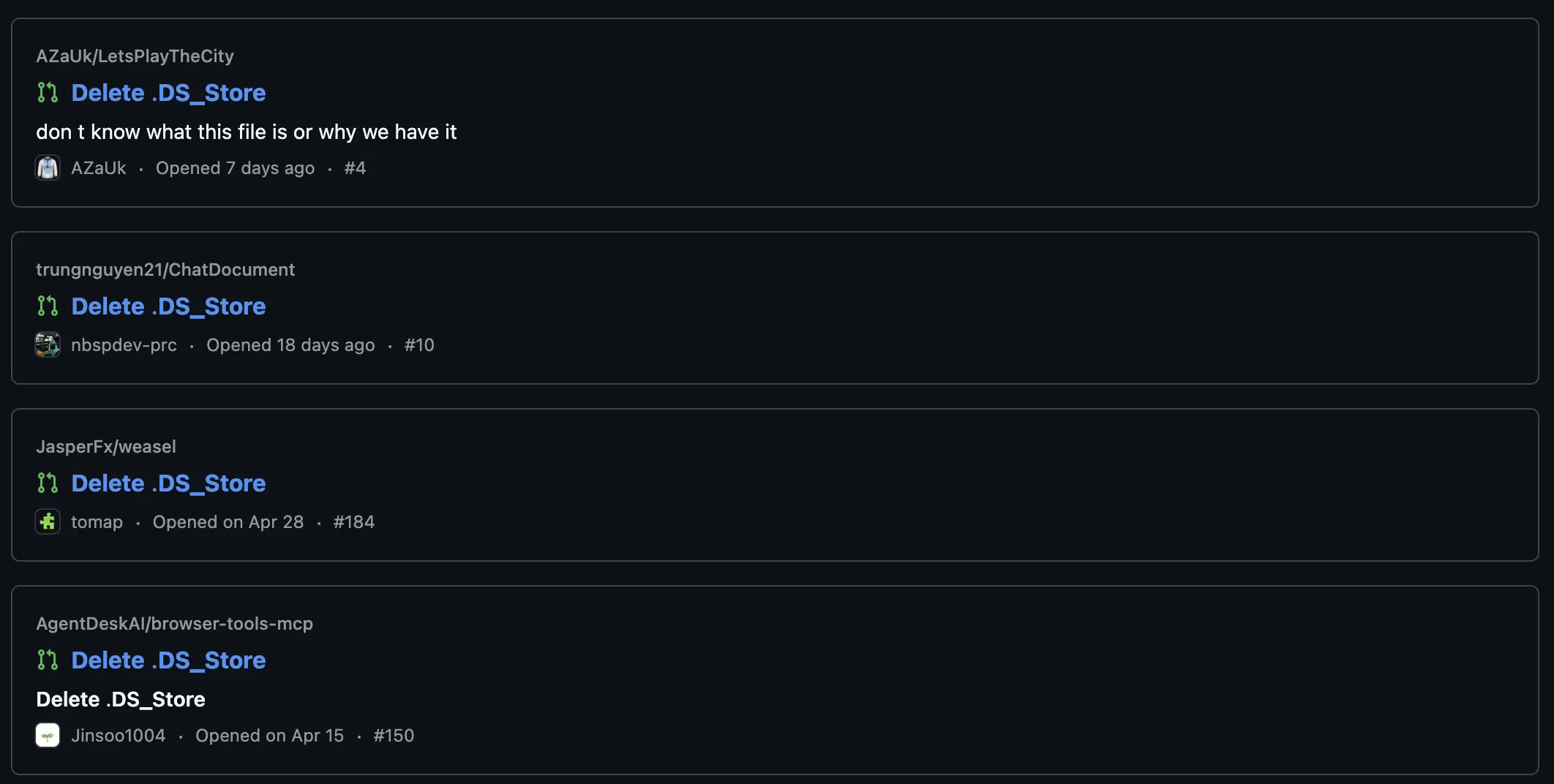 Hundreds of thousands of merge requests on GitHub trying
to gitignore .DS_Store