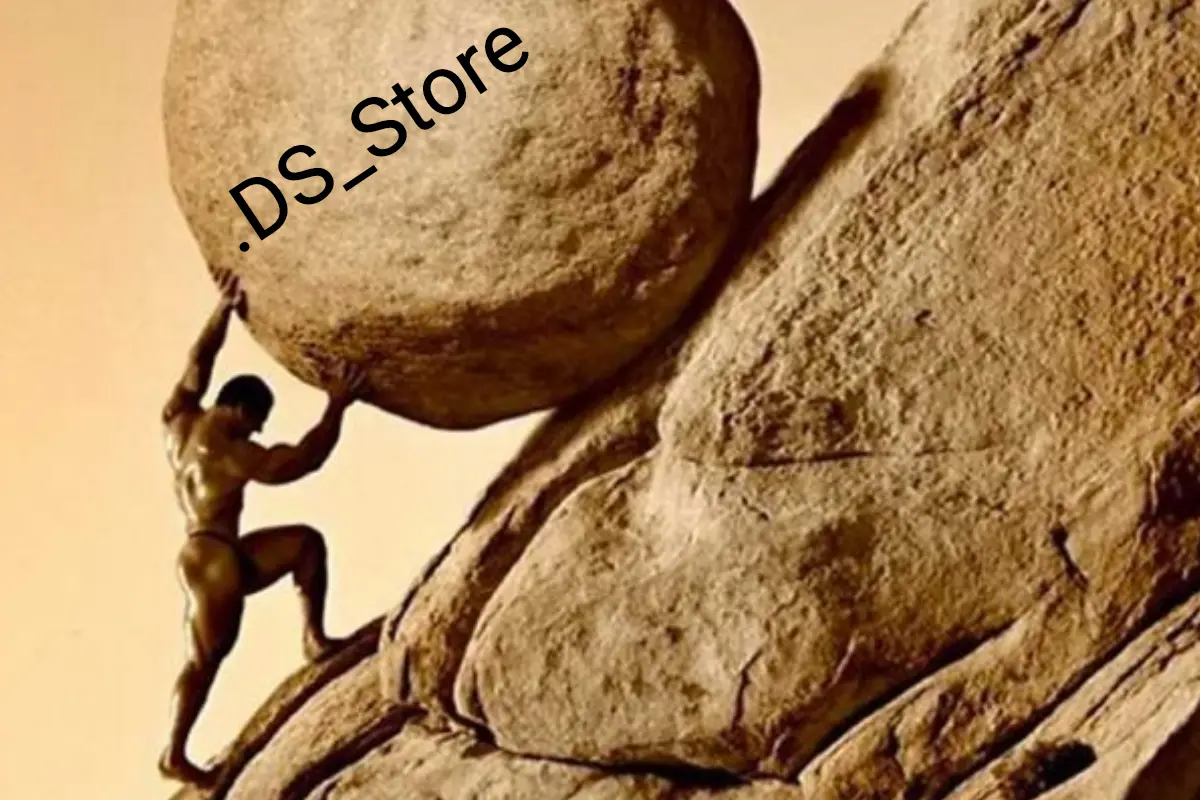 Sisyphus pushing up a boulder that has .DS_Store written
on it